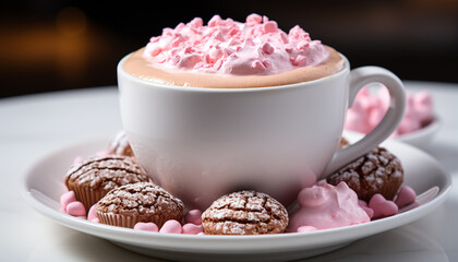 Fototapeta na wymiar Gourmet dessert pink marshmallow, chocolate, coffee, whipped cream, indulgence generated by AI
