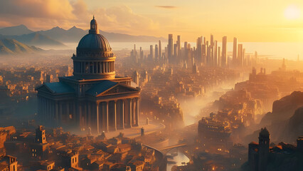 Nova Roma's Blend of Ancient Grandeur and Cutting-Edge Technology in a Sprawling Metropolis - obrazy, fototapety, plakaty