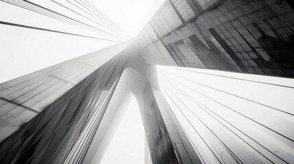A black and white study of a bridge's string elasticity, harmoniously intertwined with its futuristic architecture