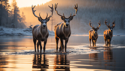 Stunning winter landscape deer silhouette reflects in tranquil water generated by AI