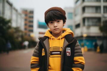 Portrait of a boy in a yellow jacket and brown hat in the city