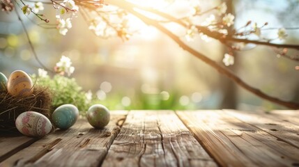 Empty wooden table with easter egg and blurred green nature background. Abstract blurry Easter scene with bokeh. Concept banner for products display