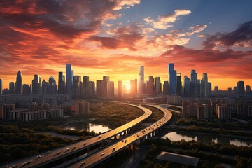 Fototapeta na wymiar Aerial panoramic cityscape sunset view of beijing City in china skyline, landscape of modern city