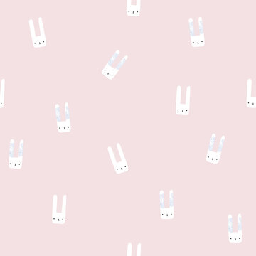 Seamless pattern with little white bunnies. Pastel childish print. Vector hand drawn illustration.
