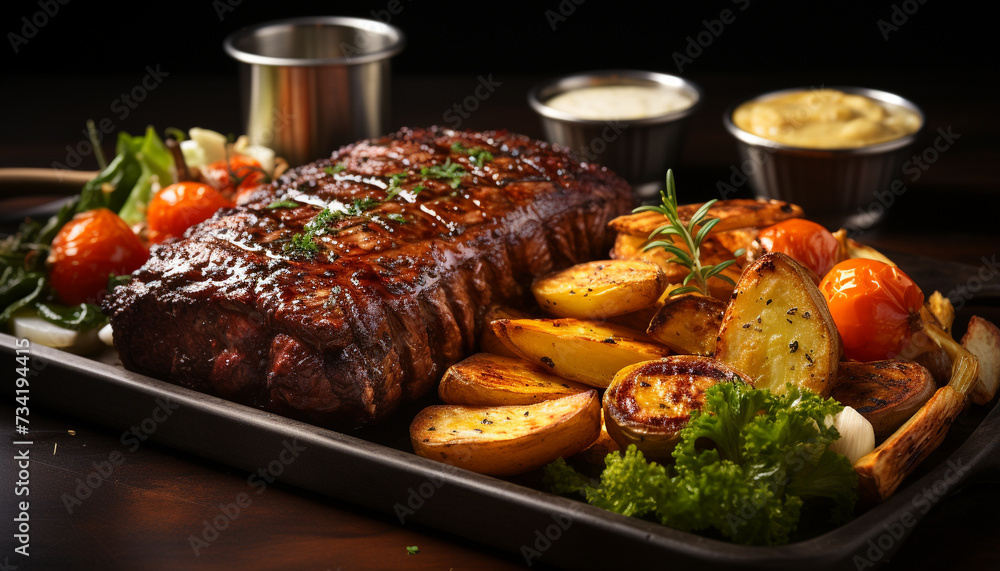 Wall mural grilled steak, cooked to perfection, ready to eat on rustic plate generated by ai