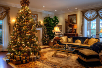 Fototapeta na wymiar Elegantly Adorned Christmas Tree in Contemporary Living Space