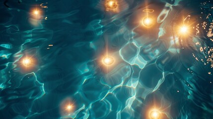 Fototapeta na wymiar Aerial view of a swimming pool at night, with the water's surface shimmering under radiant lights