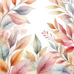 A painting watercolors of a bunch of leaves in pastel colors on a white background with a white wall in the background. Floral concept
