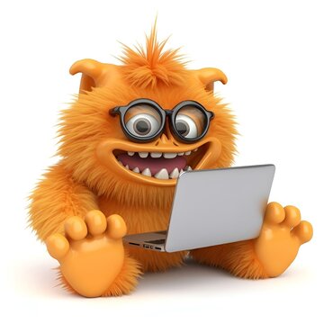 a cartoon hairy monster with glasses, typing on a laptop