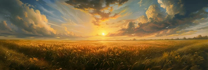 Fotobehang Corn field in the rays of the setting sun, ripening of fresh corn crop, banner © pundapanda