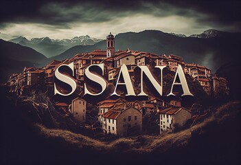 Sama: Der Name der spanischen Stadt Sama in der Region Asturias vor einem Hintergrundbild. Generative AI - obrazy, fototapety, plakaty
