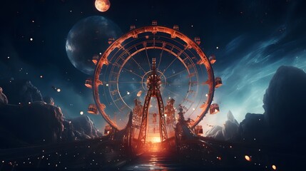 A cosmic ferris wheel spinning in the void of space, carrying surreal characters on its rotating...