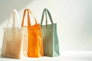 three bags with handles made of biodegradable material on a white background. the concept of eco-friendly consumption. taking care of nature. copy space