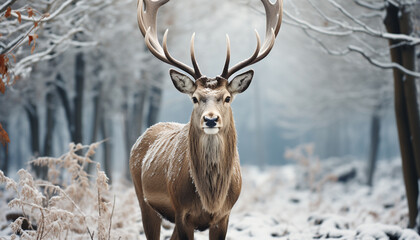 Cute deer in winter forest, looking at camera, snowy landscape generated by AI