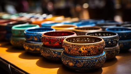 Fototapeta premium Multi colored earthenware bowl, ornate Indian pattern, souvenir from indigenous culture generated by AI