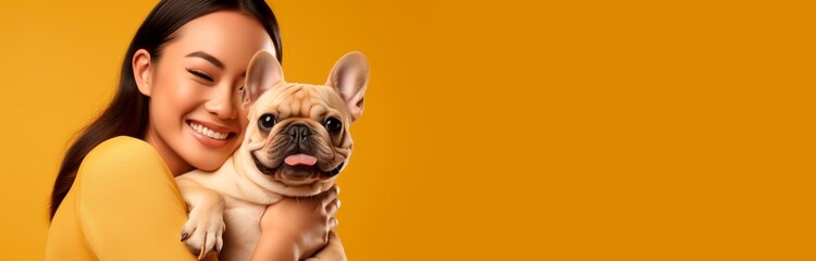 A joyful young woman with long dark hair and a bright smile is embracing a small fawn-colored French Bulldog. They are posed against a warm, solid yellow background that accentuates the affectionate i - obrazy, fototapety, plakaty