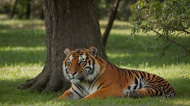 A beautiful portrait of a cute large tiger sleeping on a rock piece under a tree shadow.Generative AI
