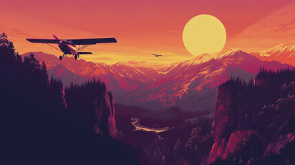Fototapeta na wymiar A hackers quest atop mountains guiding planes through pointillist gradients