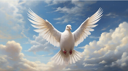 White dove as a symbol of peace flying against the backdrop of fire and explosions.A white dove with wings wide open in the blue sky air with clouds and.Generative AI