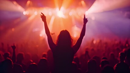 Rear back view of audience crowd people fans raising hands enjoying live music festival concert event rock band silhouettes performance sing on night club outdoor stage. 4k video blurred effect with c