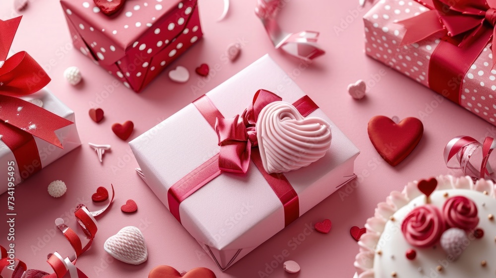 Poster a group of valentine's day gifts on a pink background with hearts and confetti on the bottom of the 