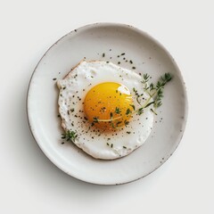 delicious breakfast of fried egg with yellow yolk served on ceramic plate