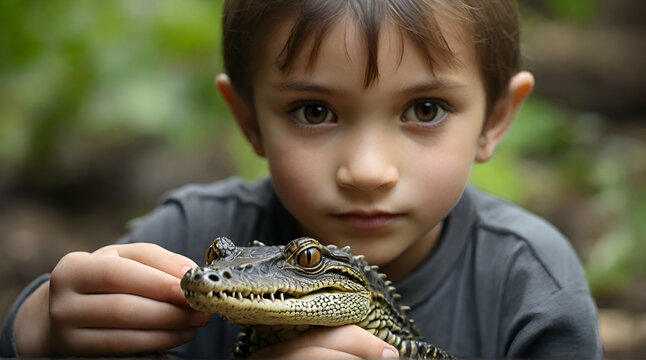The child holds a small crocodile in his hands. Selective focus..Generative AI