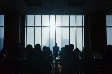 Unrecognizeable Silhouette people in room during meeting at office