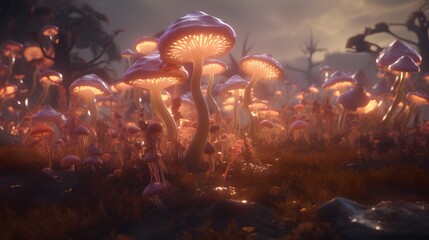 A field of oversized, luminescent mushrooms casting a soft glow on a congregation of ethereal beings playing musical instruments in a harmonious symphony - obrazy, fototapety, plakaty