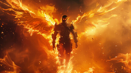 Cybernetic hacker walking through opalescent flames reborn as a Phoenix