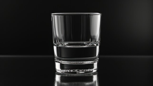  a black and white photo of a glass of water on a reflective surface with a reflection of the glass in the middle of the glass, with a black background.