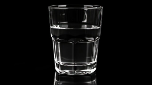  a glass of water sitting on top of a black table with a reflection of the glass on the bottom of the glass and a reflection of the glass on the bottom of the glass.
