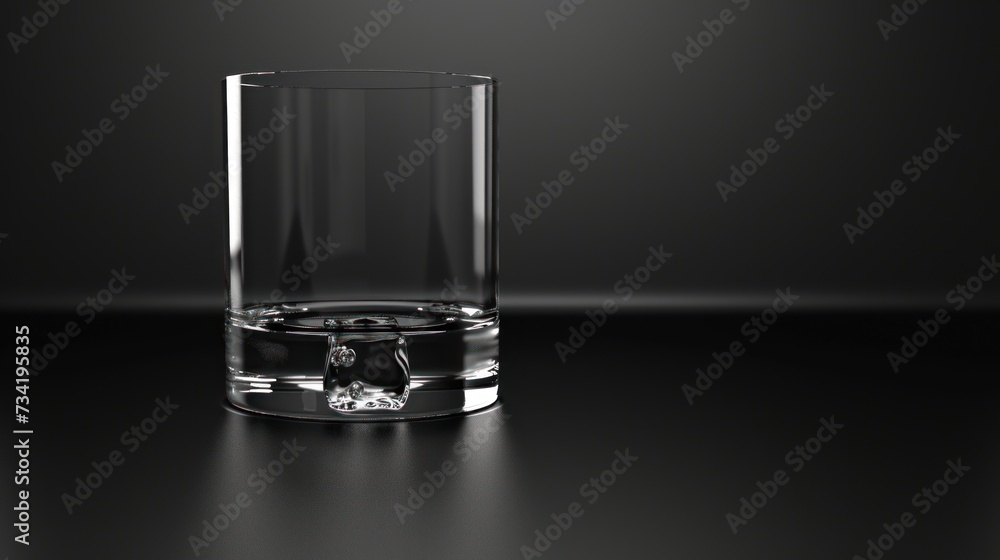 Poster a glass of water with ice cubes on a black table in front of a dark background with only one ice cub