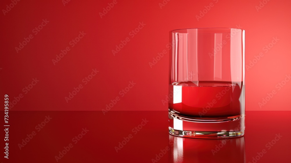 Poster a glass filled with a red liquid on a red surface with a reflection of the glass on the floor and a 