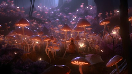 A field of oversized, luminescent mushrooms casting a soft glow on a congregation of ethereal beings playing musical instruments in a harmonious symphony