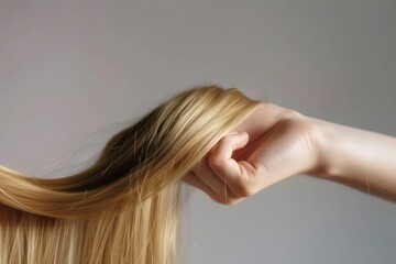 Fototapeta premium hand holding Beautiful healthy blonde long hair