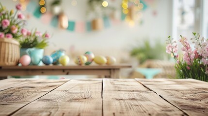 Empty wooden table with easter egg and blurred kitchen background. Abstract blurry Easter scene with bokeh. Concept banner for products display