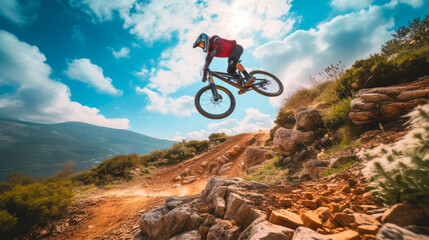 Freestyle Mountain Biking: Rider Mid-Leap Over Rocks