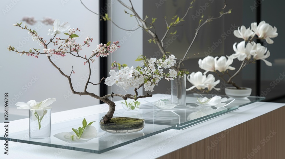 Poster a table topped with vases filled with flowers and a tree branch in the middle of a row of vases on t