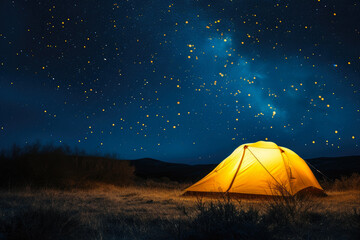 Nightfall Haven: Lit Tent in the Field with Stellar Views