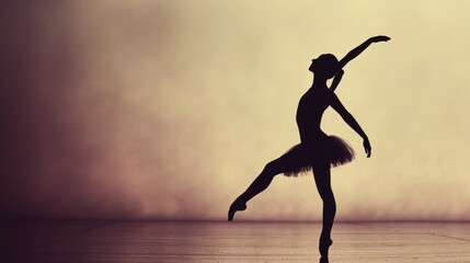  a silhouette of a ballerina in a tutu with her arms in the air, in front of a foggy, foggy, sepia - filled background. - obrazy, fototapety, plakaty