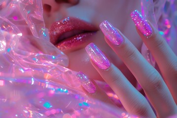 Transparent pink sparkling shiny nails closeup