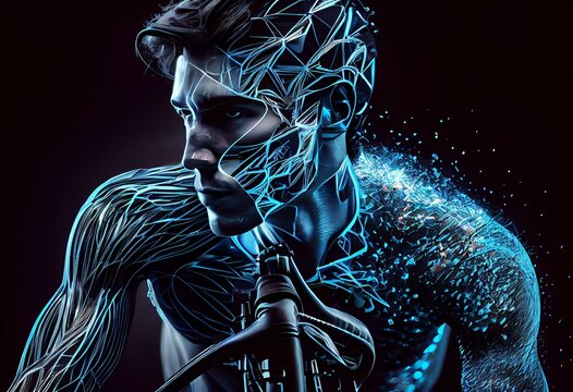 futuristic image of bicycling athlete in blue highlighted tones, generative ai