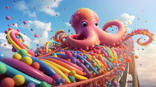 A mischievous, polka-dotted octopus riding a rainbow rollercoaster in a candy-colored sky