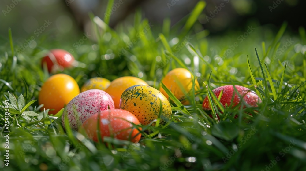 Aufkleber a close up of a bunch of eggs in a field of grass with water droplets on the eggs and the grass in f