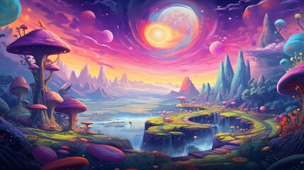 A pixelated dreamscape with surreal landscapes, featuring whimsical characters and vibrant colors
