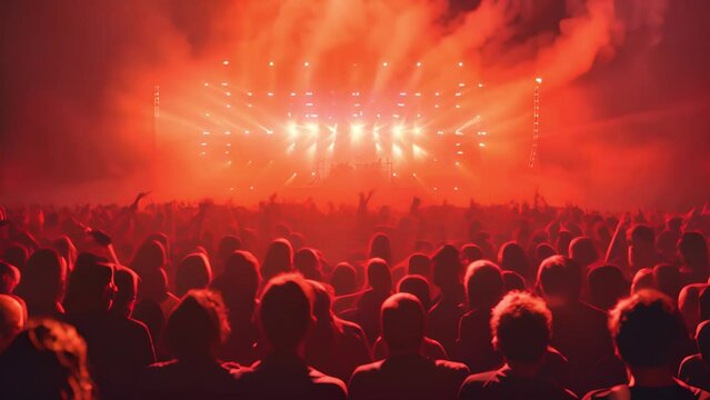 Rear back view of audience crowd people fans raising hands enjoying live music festival concert event rock band silhouettes performance sing on night club outdoor stage. 4k video blurred effect with c