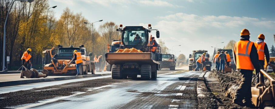 Road Construction. Road Workers making new asphalt with Construction machines. Construction Machinery on the Construction Site
