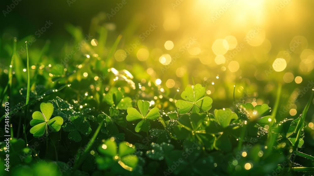 Poster a close up of some green grass with water droplets on it and the sun shining through the grass behin