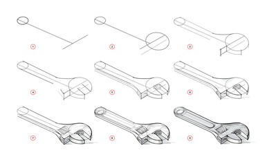 Page shows how to learn to draw from life sketch a wrench. Pencil drawing lessons. Educational page for artists. Developing artistic skills. Online education. Vector illustration.